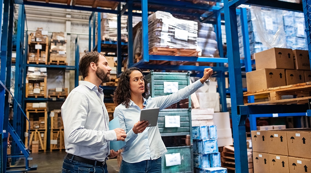 Manager and supervisor taking inventory in warehouse