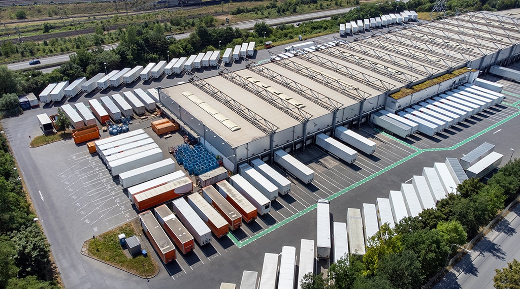 Distribution logistics building parking lot - aerial view